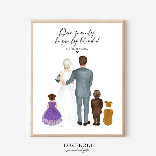 Wedding Wall Art Gift for 2nd Marriage Couple with Kids and Pet