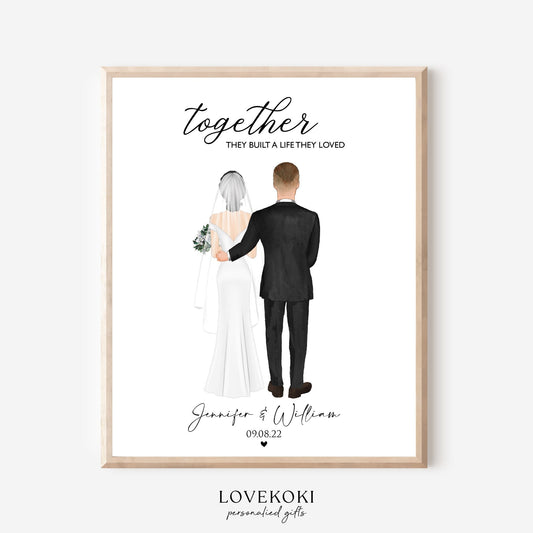 "Together they build a life they love" Custom Wedding Drawing Wall Art