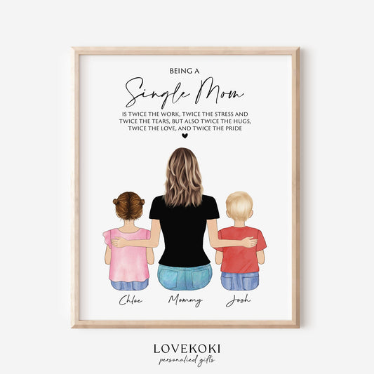 Single Mom Valentine Gift, Mom Birthday Gift From Daughter Son, Custom Family Portrait, Mommy Toddler Wall Art Illustration, Personalized