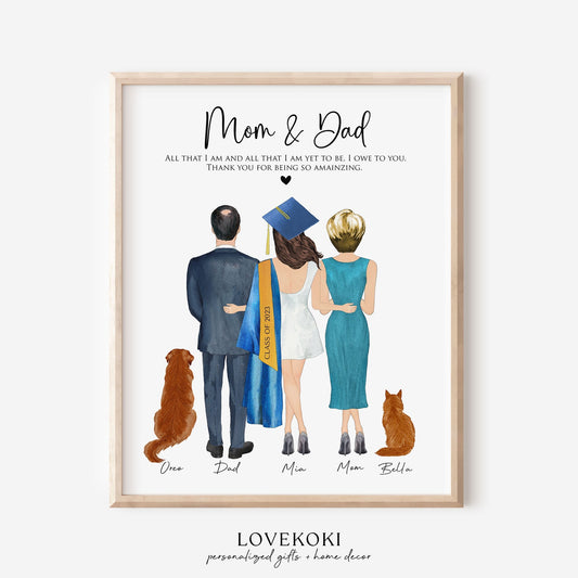Graduate Girl with Parents & Pets Poster, Appreciation Gifts for Mom Dad thank you card, Custom Digital College Graduation 2023 Print Gifts