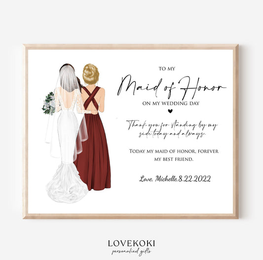 Wedding Gift for Maid of Honor Illustration Wall Art