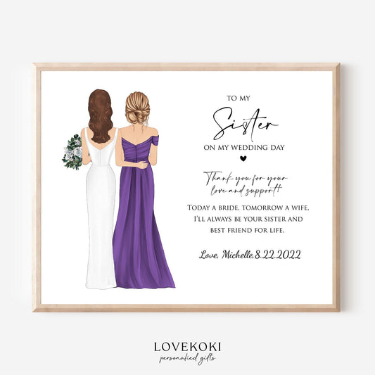 Sister of Bride Wedding Illustration Wall Art Gift from Bride on Wedding day