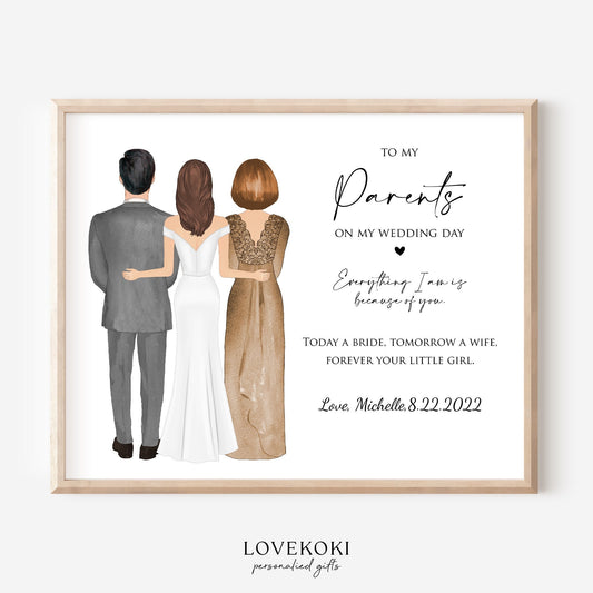 Wedding Illustration Wall Art Gift for Parents of the Bride on Wedding Day