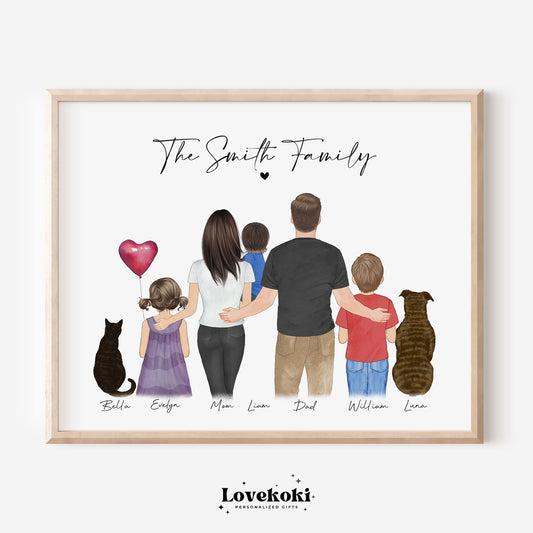 Custom Family Portrait with Pets, Father's Day Gift for Dad from Daughter, Personalized Family Wall Art Illustration, Daddy birthday gift