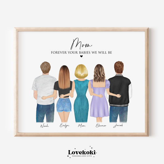 Mother's Day gift for Mom from Daughter or Son, Mom Birthday Gift,Custom Standing Family Portrait Illustration,Personalized Wall Art for her