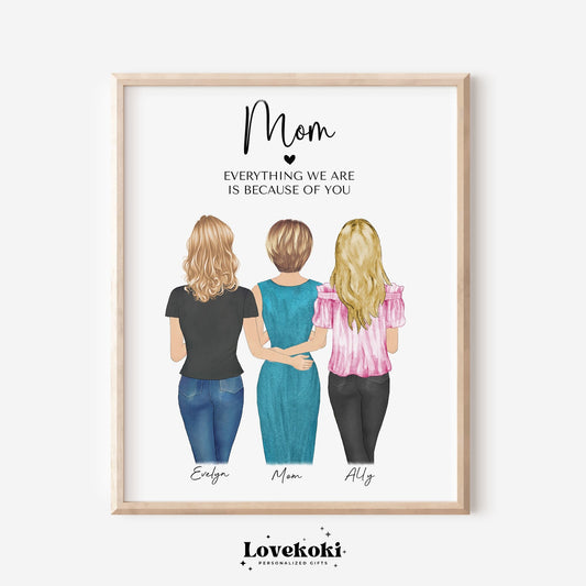 Mother Daughter Print, Mothers Day Gift, Personalized Wall Art for Mom from daughter,Custom family portrait, Mom and 2, 3 daughters Poster