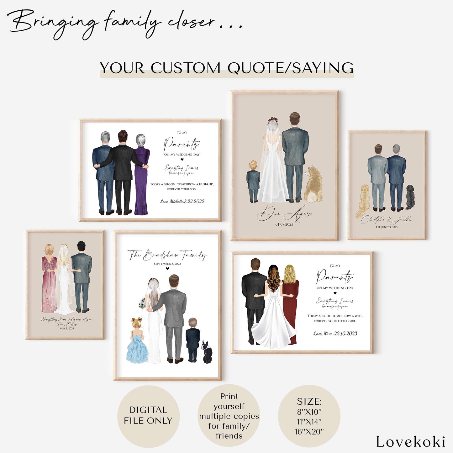Wedding Illustration Wall Art Gift for Parents of the Groom on Wedding Day