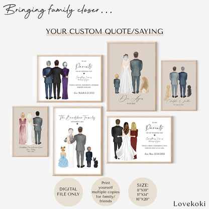 Wedding Illustration Wall Art Gift for Parents of the Groom on Wedding Day