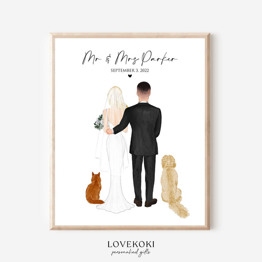 Wedding Drawing Wall Art Gift for Couple with Pets
