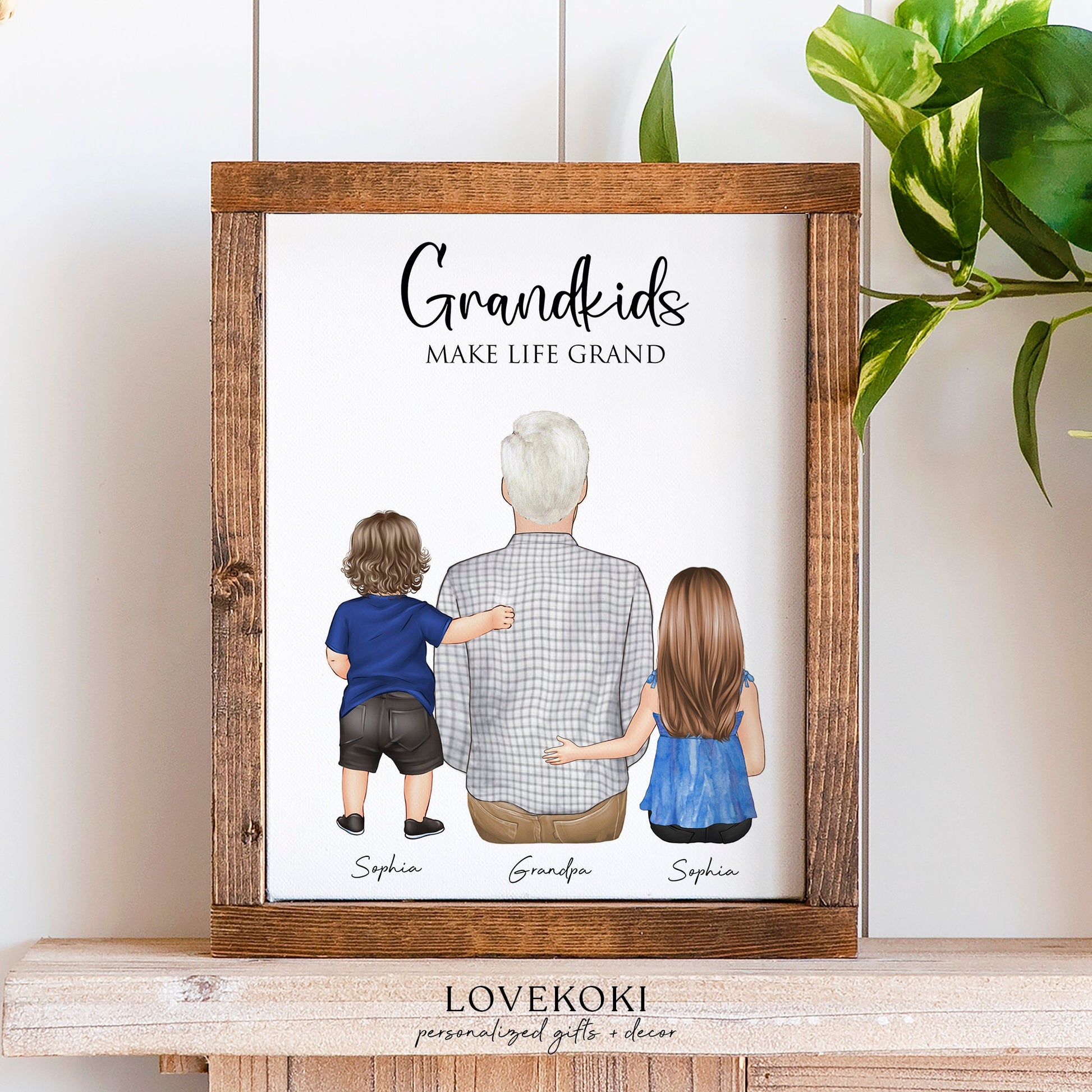 Custom Grandfather and Grandkids Illustration Wall Art Print