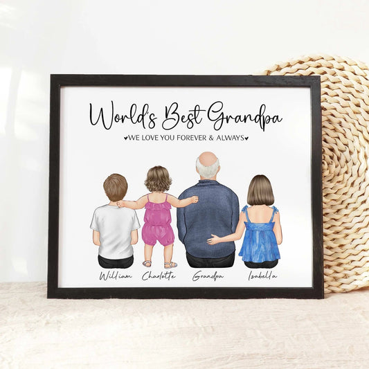 Custom Grandpa and Grandchildren Illustration Wall Art Print