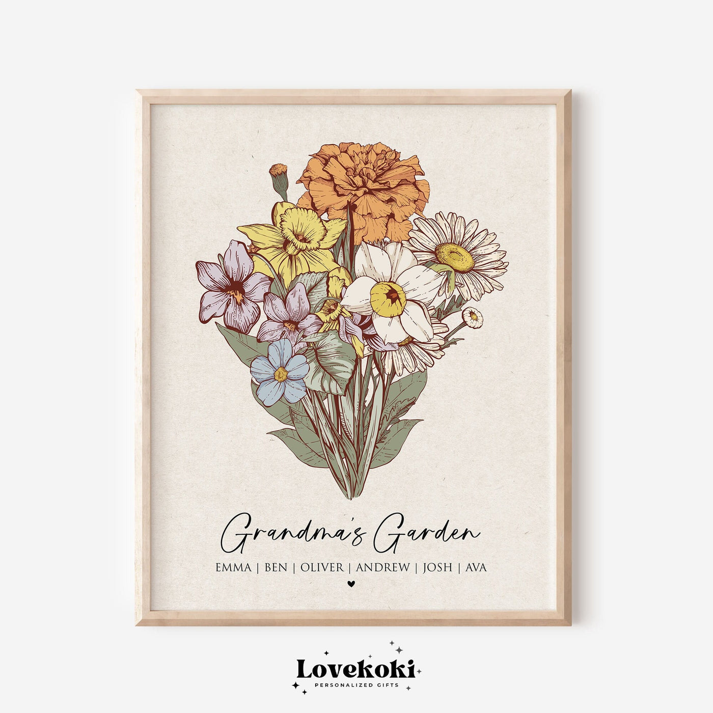 Valentines' Day Gift for Grandma, Custom Birth Flower Bouquet Wall Art, Nana's Garden,Mom's Garden,Personalized Antique Flower Digital Print
