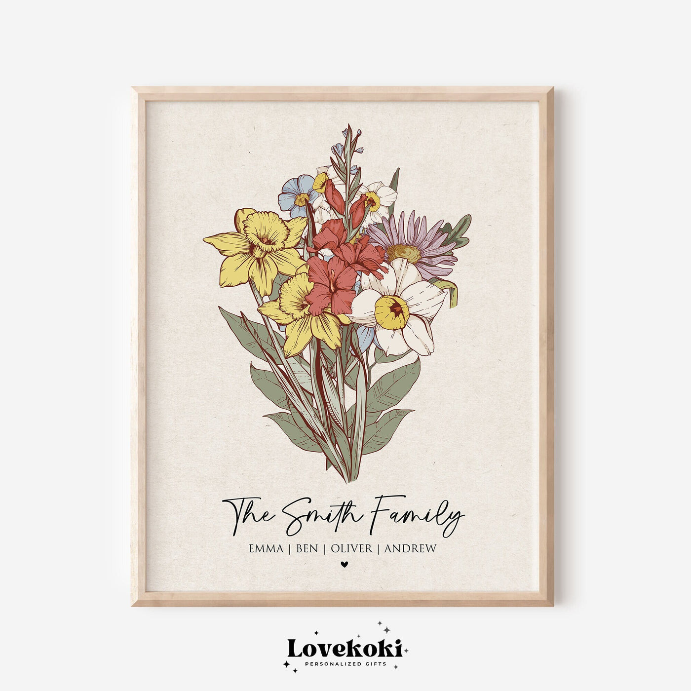 Family Flower Garden Print, Valentine's day Gift, Custom Birth Flower Bouquet Wall Art, Our Family Personalized Antique Flower Digital Print